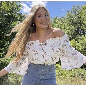 BaeVely Women's Ivory Floral Boho Off the Shoulder Cropped Top S‎